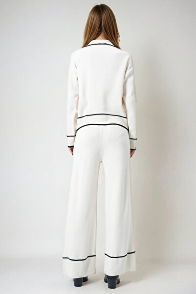 VAGGON Women's Ecru Contrast Trim Polo Neck Knitwear Cardigan and Pants Set Vs00978