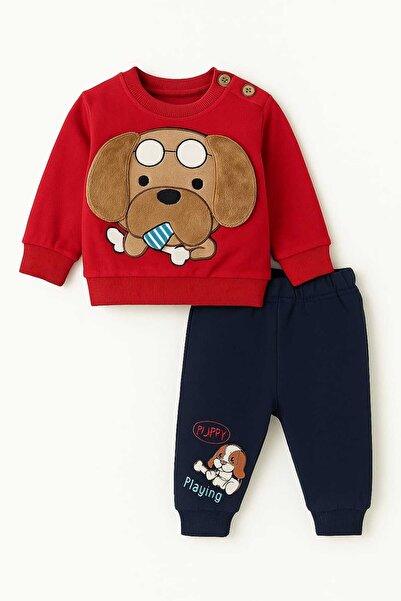 BabyBlue Baby Boy 2 Piece Set with Dog Figure Red Sweatshirt Pants 100% Cotton