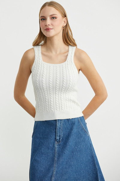Sementa Hair Braid Square Neck Knitwear Tank Top - Bone
