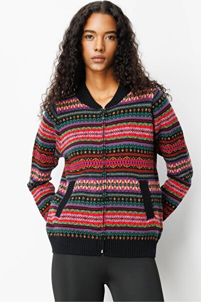 Desen Triko Cardigan de lână jacquard cu guler înalt pentru femei, negru