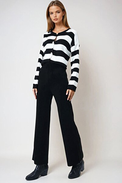 VAGGON Women's Black High Waist Elastic Waist Knitwear Palazzo Pants Vs00973