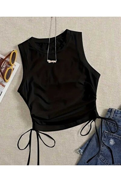 Pupa Bisiklet Yaka Drapeli Askılı Crop Tişört -Yandan İp Büzgülü