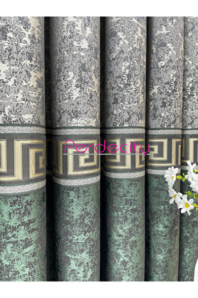 PERDECITY Poseidon Green Gray Gold Detailed Panel Backdrop Curtain Suitable for All Rooms 1X3 Frequent Pleats [Single Panel]