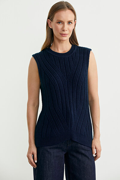 Sementa Long Back Crew Neck Wool Knit Sweater - Navy Blue