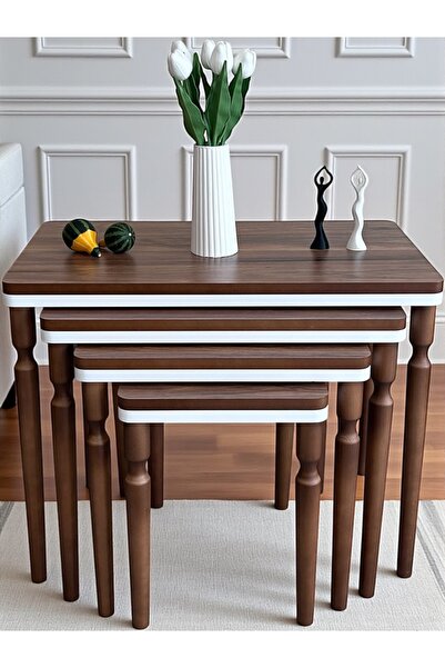 AYSA Mobilya 4Lü Ceviz Beyaz Lüx MDF Ahşap Zigon Sehpa