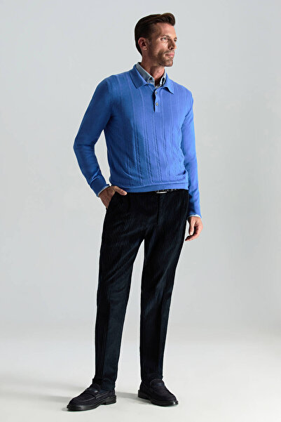 Hemington Saf Kaşmir Polo Yaka Şerit Desenli Mavi Triko