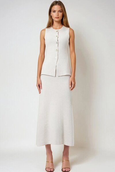 VAGGON Women's Cream Accessory Buttoned Vest and Maxi Skirt Knitwear Set Vs01003