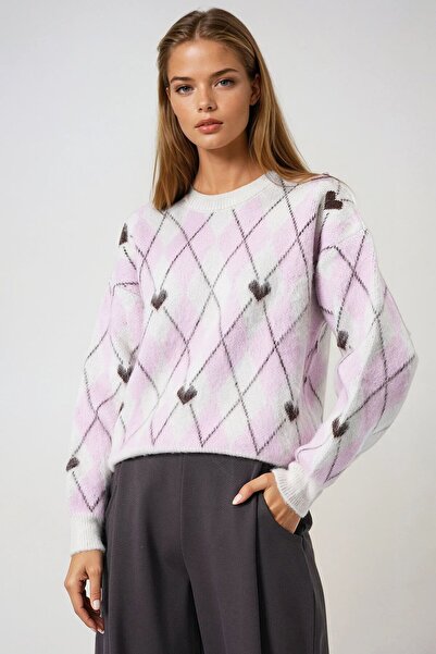 VAGGON Women's Pink Crew Neck Heart and Diamond Patterned Soft Sweater Vs01008