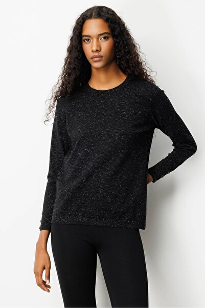 Desen Triko Women's Crew Neck Slit Side Buttoned Blouse Black