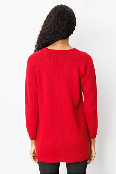 Desen Triko Women's V-Neck Hair Braided Long Wool Cardigan Dark Red