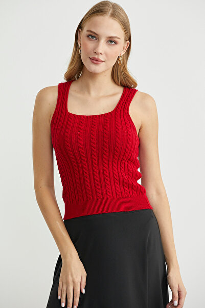 Sementa Hair Braid Square Neck Knitwear Tank Top - Red