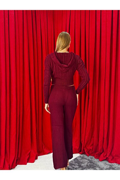 Neva Wear Women's Hooded Knitwear Set – Zippered Crop Top and Pants Two Pieces