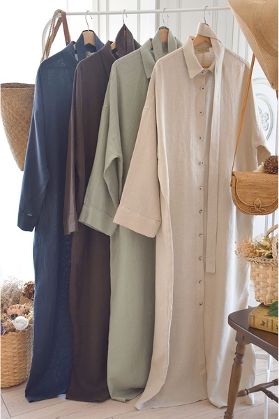 EMİNOS BUTİK Oversize Model Keten Ferace Bej