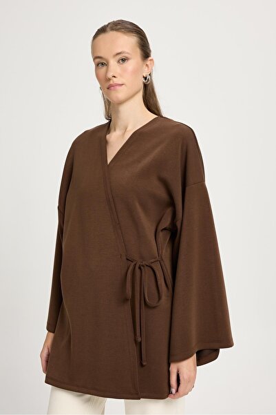 minaaise Women's Brown Oversize Long Kimono Soft Modal Jacket 30006