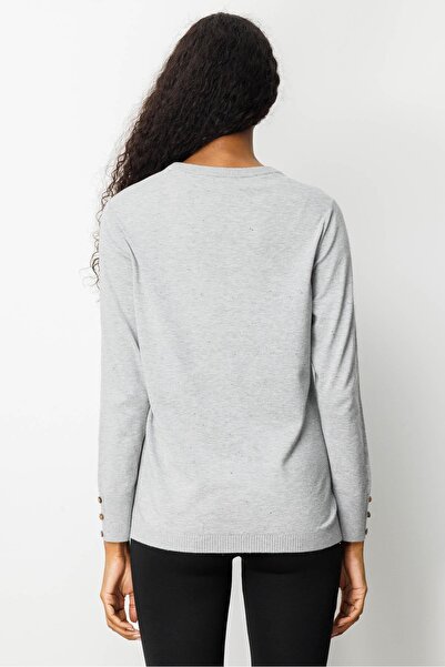 Desen Triko Women's Crew Neck Slit Side Buttoned Blouse Gray