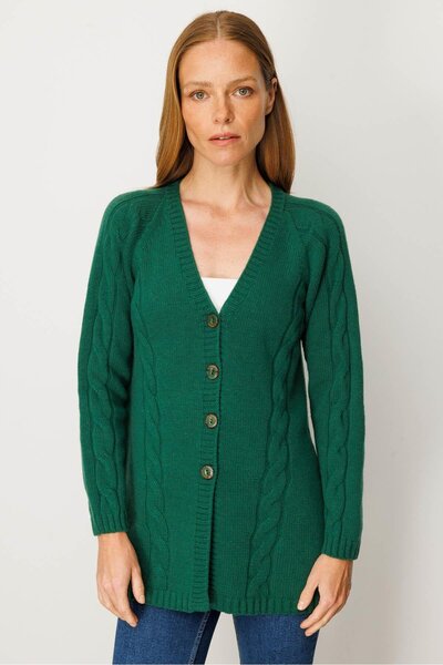 Desen Triko Women's V-Neck Hair Braided Long Wool Cardigan Ö.Başı