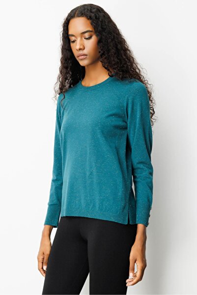 Desen Triko Women's Crew Neck Slit Side Buttoned Blouse Green