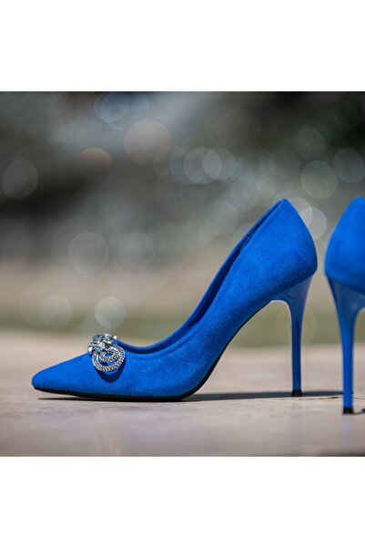 BMoD Women's blue suede stiletto shoes with heel and rhinestone accessory MOD06157