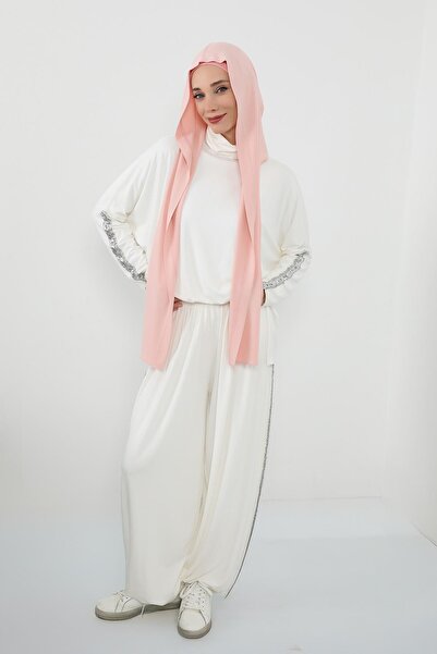 Aisha's Design Combed Cotton Boneli Ready-To-Wear Combed Cotton Hooded Shawl Two-Piece Set, Ps-57, Powder