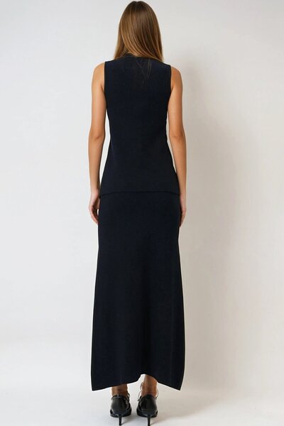 VAGGON Women's Black Accessory Buttoned Vest and Maxi Skirt Knitwear Set Vs01003