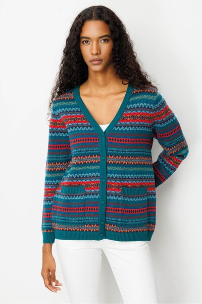 Desen Triko Women's V-Neck Jacquard Wool Cardigan Early 2000S