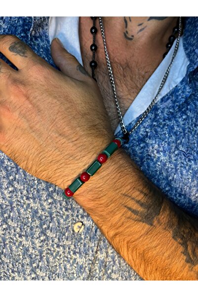 Mos Tespih Green Red Original Onyx Natural Stone Bracelet