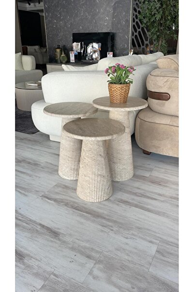 Nova Dizayn Traverten Kaplama Mdf Mantar 3'Lü Zigon Sehpa