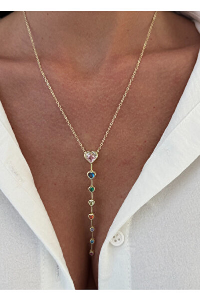 Ervalina قلادة على شكل حرف Y من الفولاذ على شكل قلب مرصع بحجر الزركون باللون ...