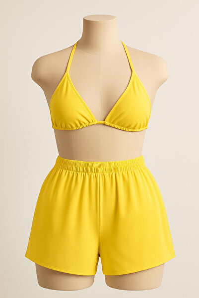 The LOG INVEST Women's Yellow Shorts Waist and Neck Tie Bikini Set