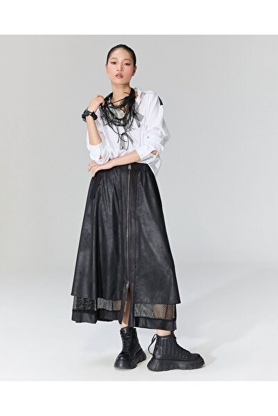 LAMANTE Önü Fermuarlı Deri File Detaylı Etek-s