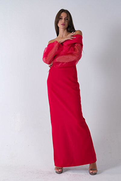 Feminist Organze Kol Detaylı Kayık Yaka Abiye Kırmızı 0801086