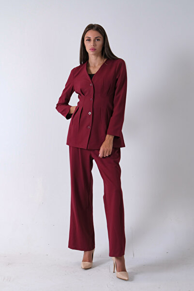 Feminist Önü 4 Düğme Kapamalı Pantolonlu Takım Bordo 4592261