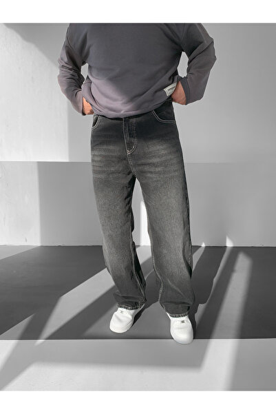 NO1 KONSEPT Anthracite Washed Baggy Jeans with Stitching Detail
