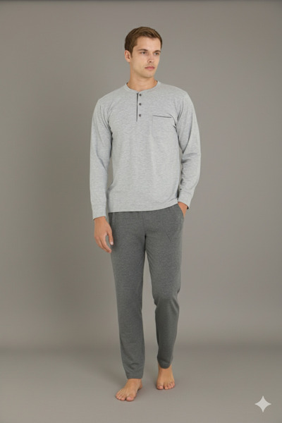 KLY Men's Midi Collar Ribbed Pajama Set Comfortable Sleepwear