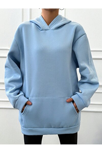 onlymoon Kadın❖ %100 Pamuk Mavi Oversize Kapüşonlu Polarlı Hoodie Sweatshirt ❖Kanguru Cepli❖Nakışlı İşlemeli