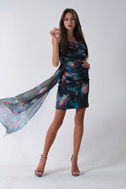 Feminist Midi Boy Desenli Tül Şifon Abiye Petrol 0802002