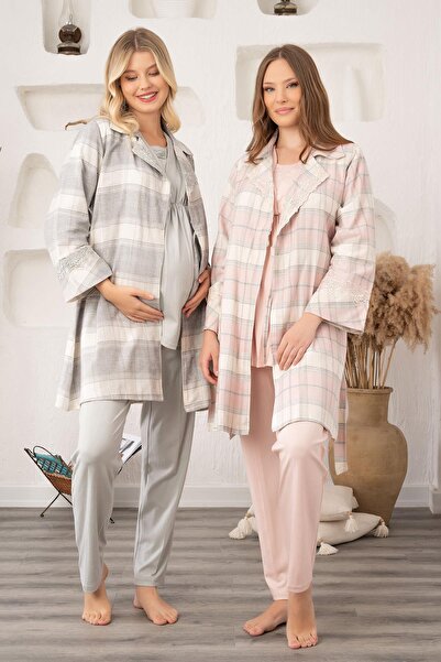 Lohusa Homewear Γυναικείο καρό χειμερινό βαμβακερό σετ πιτζάμες εγκυμοσύνης 3...