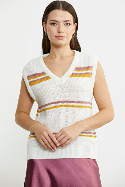 Sementa Striped V-Neck Wool Knit Sweater - Bone