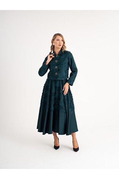 SERPİL Zarif Taşlı Detaylar ve Özgün Kumaş Dokusu Elbise ve Bolero Ceket İkil...