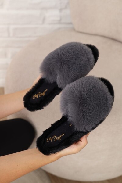 ALTUNTAŞ Ev İçi Peluş Tüylü Önü Açık Eva Taban Hediyelik Terlik Füme