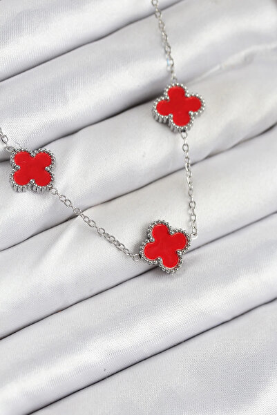 Epilons Bfs 316L Steel Chain Silver Red Color Clover Women's Necklace