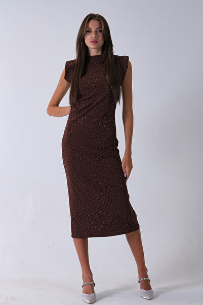 Feminist Büzgülü Üzeri Taş Detaylı Elbise Kahve 03050336