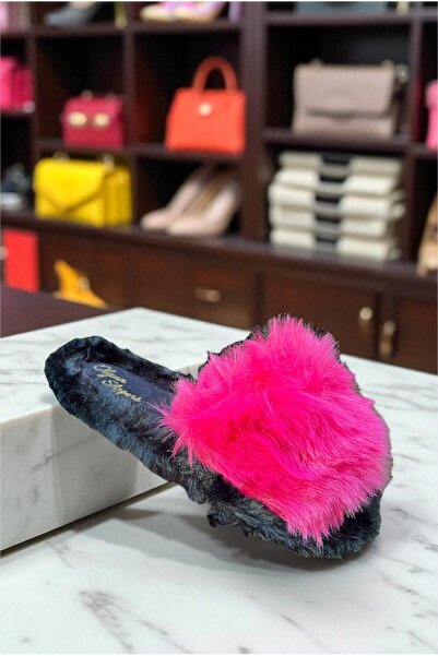 ALTUNTAŞ Indoor Plush Furry Winter Open-Front Eva Sole Gift Slippers Fuchsia