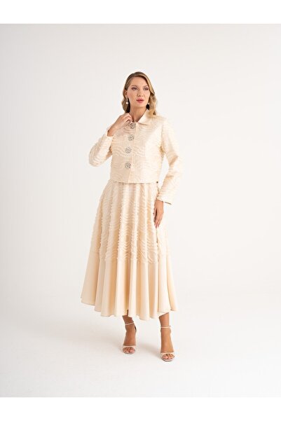 SERPİL Zarif Taşlı Detaylar ve Özgün Kumaş Dokusu Elbise ve Bolero Ceket İkil...