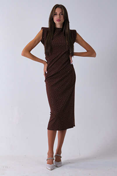 Feminist Büzgülü Üzeri Taş Detaylı Elbise Kahve 03050336