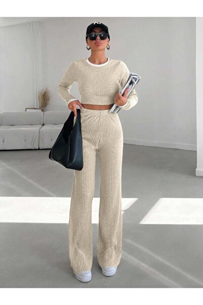 landoffashiontr Collar and Sleeve Trimmed Wide Leg Pants Ribbed Camisole Wome...