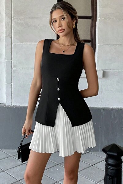 OLSAMODA Women's Skirt with Pleated Silver Button Detail, Square Neck, Sleeveless Dress