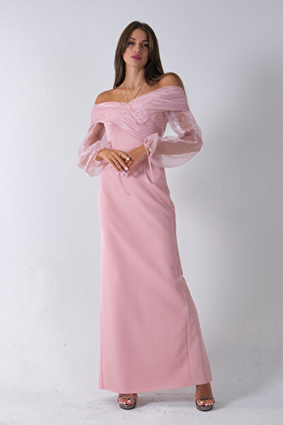 Feminist Organze Kol Detaylı Kayık Yaka Abiye Pudra 0801086