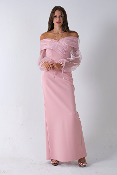 Feminist Organze Kol Detaylı Kayık Yaka Abiye Pudra 0801086