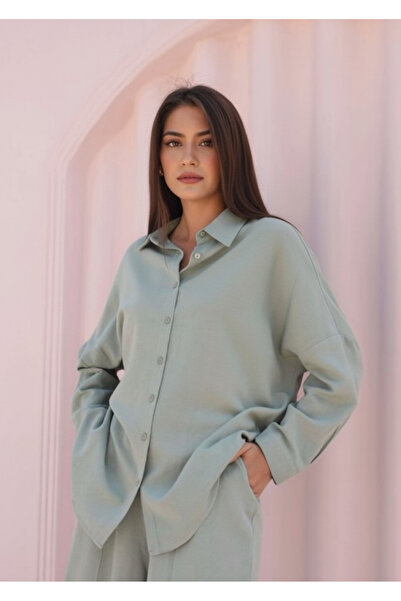 My Blog Λινό πουκάμισο Mint Oversize Low Shoulder